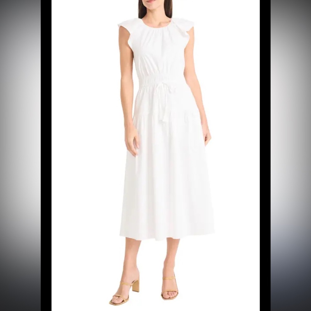 Maggy London White Flutter Sleeve  Stretch Cotton Tiered Midi Dress Sz 10 white